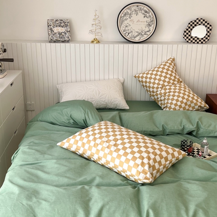 91家纺网 家纺一手货源 找家纺 昔可2022新款混搭纯色棋盘格套件四件套 果绿黄棋盘