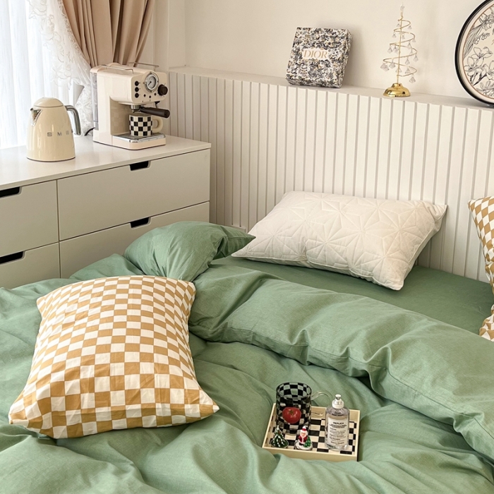 91家纺网 家纺一手货源 找家纺 昔可2022新款混搭纯色棋盘格套件四件套 果绿黄棋盘