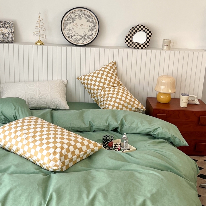 91家纺网 家纺一手货源 找家纺 昔可2022新款混搭纯色棋盘格套件四件套 果绿黄棋盘