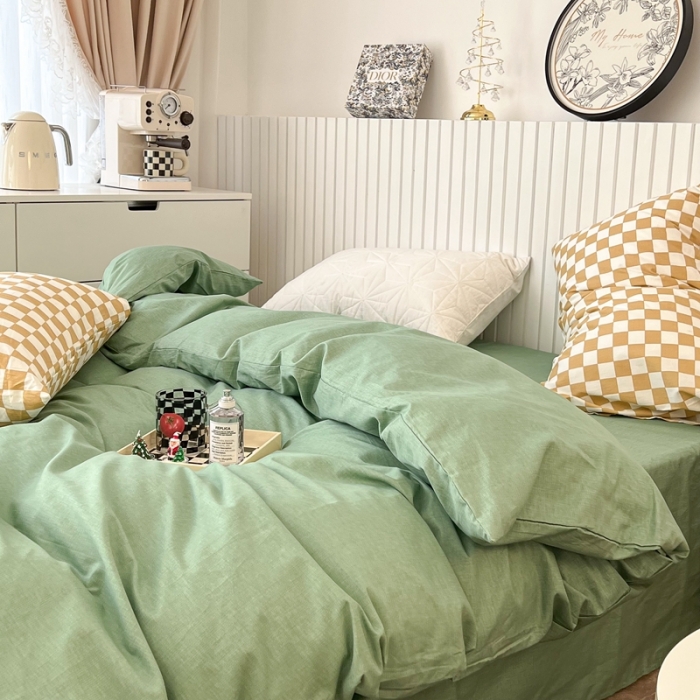 91家纺网 家纺一手货源 找家纺 昔可2022新款混搭纯色棋盘格套件四件套 果绿黄棋盘