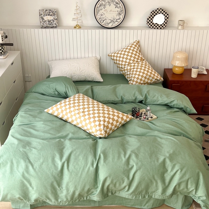 91家纺网 家纺一手货源 找家纺 昔可2022新款混搭纯色棋盘格套件四件套 果绿黄棋盘