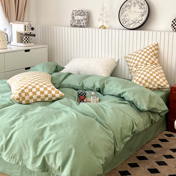 91家纺网 家纺一手货源 找家纺 昔可2022新款混搭纯色棋盘格套件四件套 果绿黄棋盘