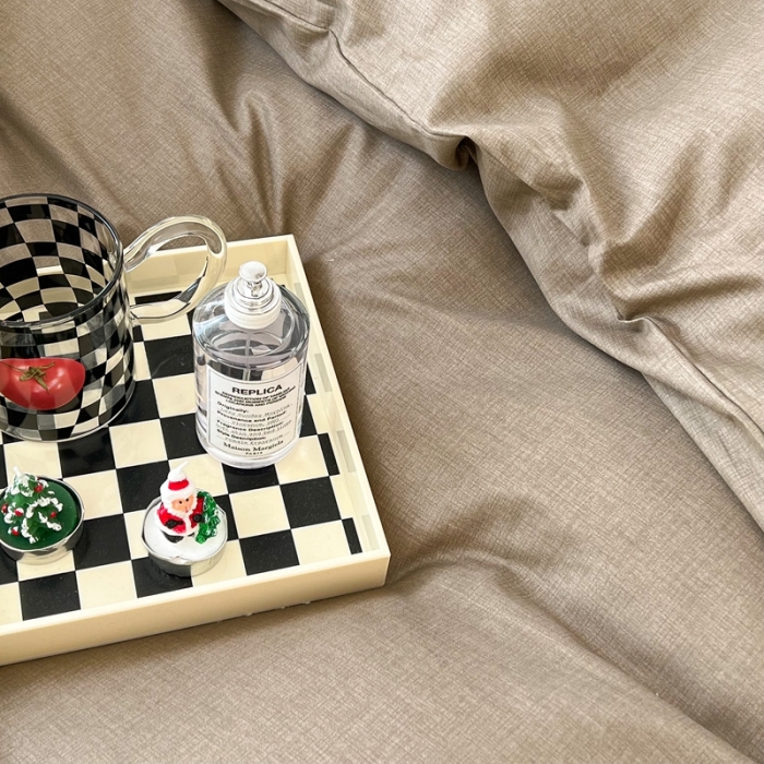 91家纺网 家纺一手货源 找家纺 昔可2022新款混搭纯色棋盘格套件四件套 咖棕黑棋盘