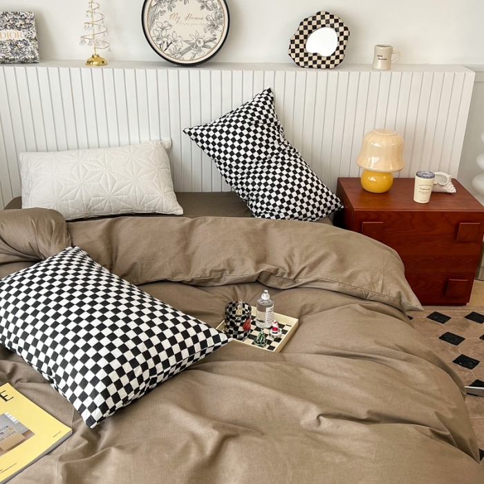 91家纺网 家纺一手货源 找家纺 昔可2022新款混搭纯色棋盘格套件四件套 咖棕黑棋盘