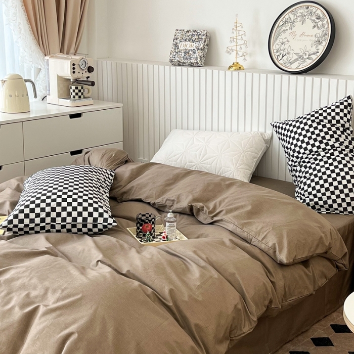91家纺网 家纺一手货源 找家纺 昔可2022新款混搭纯色棋盘格套件四件套 咖棕黑棋盘