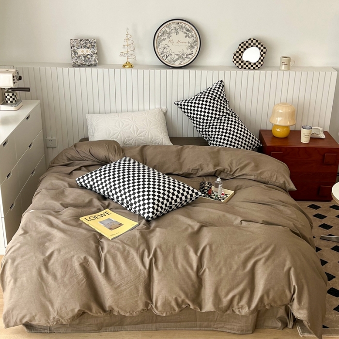 91家纺网 家纺一手货源 找家纺 昔可2022新款混搭纯色棋盘格套件四件套 咖棕黑棋盘