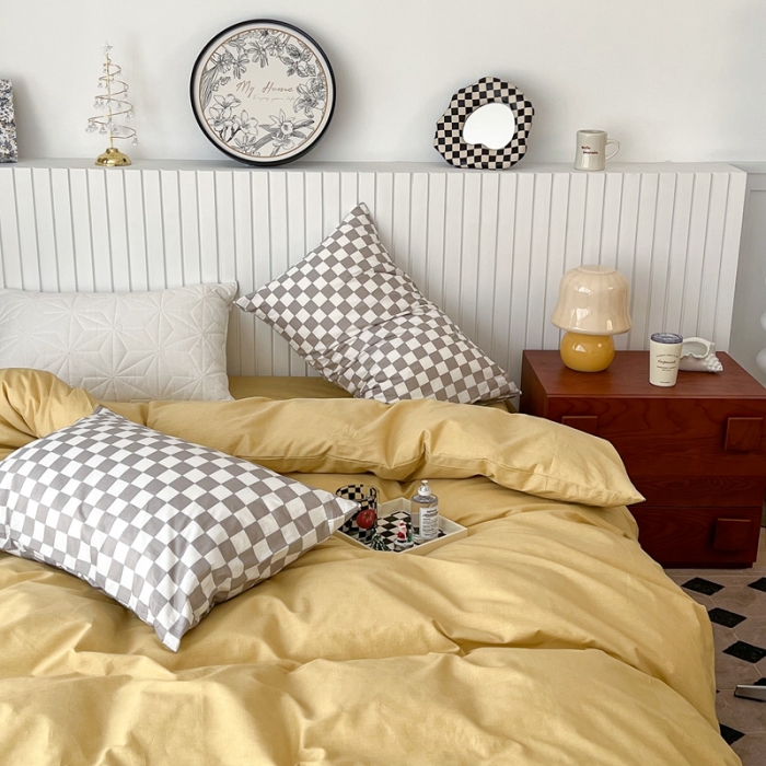 91家纺网 家纺一手货源 找家纺 昔可2022新款混搭纯色棋盘格套件四件套 芒果黄驼棋盘