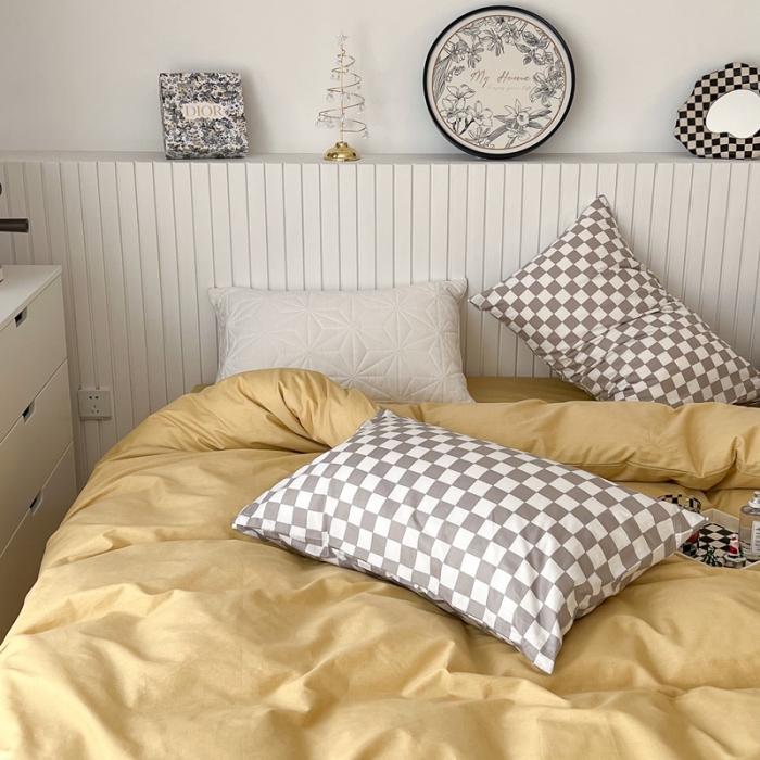 91家纺网 家纺一手货源 找家纺 昔可2022新款混搭纯色棋盘格套件四件套 芒果黄驼棋盘