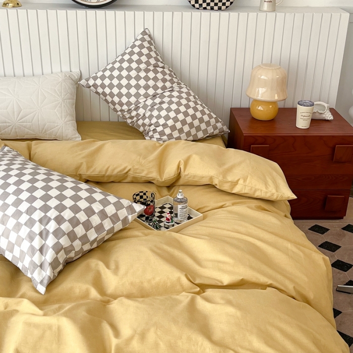 91家纺网 家纺一手货源 找家纺 昔可2022新款混搭纯色棋盘格套件四件套 芒果黄驼棋盘