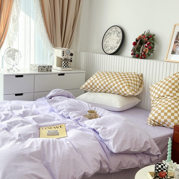 91家纺网 家纺一手货源 找家纺 昔可2022新款混搭纯色棋盘格套件四件套 梦幻紫黄棋盘