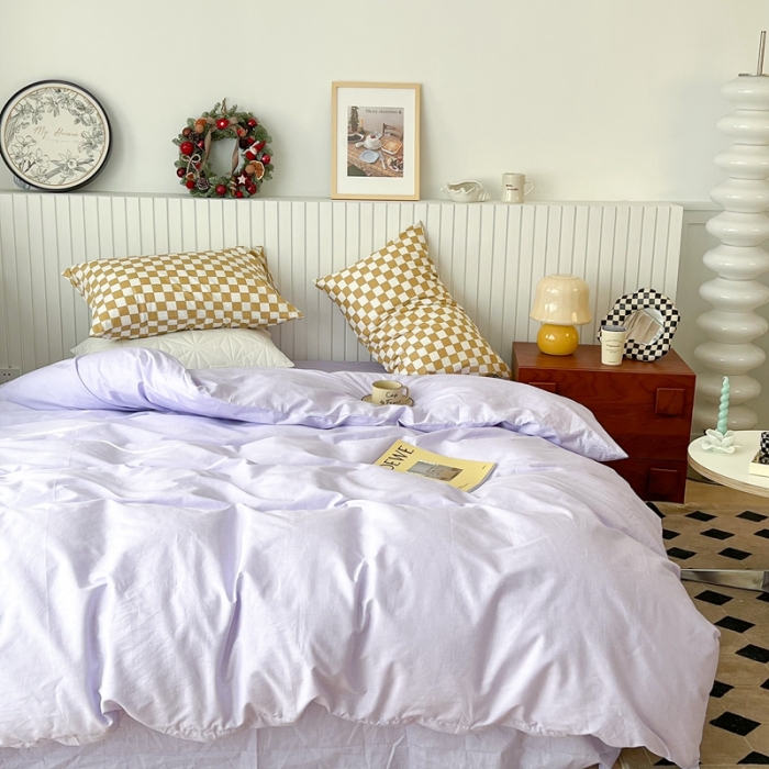 91家纺网 家纺一手货源 找家纺 昔可2022新款混搭纯色棋盘格套件四件套 梦幻紫黄棋盘