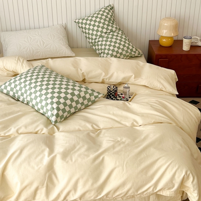 91家纺网 家纺一手货源 找家纺 昔可2022新款混搭纯色棋盘格套件四件套 奶白绿棋盘