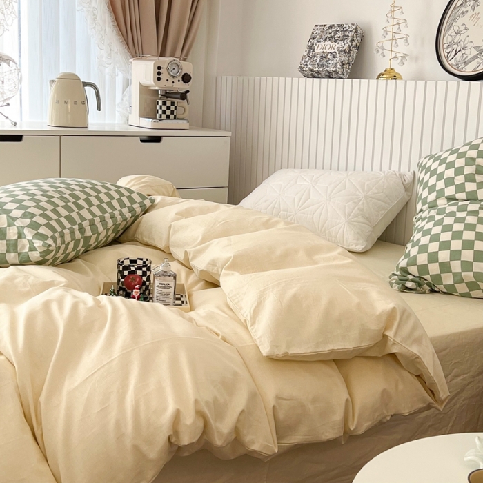91家纺网 家纺一手货源 找家纺 昔可2022新款混搭纯色棋盘格套件四件套 奶白绿棋盘