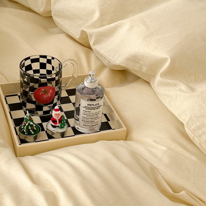 91家纺网 家纺一手货源 找家纺 昔可2022新款混搭纯色棋盘格套件四件套 奶白绿棋盘