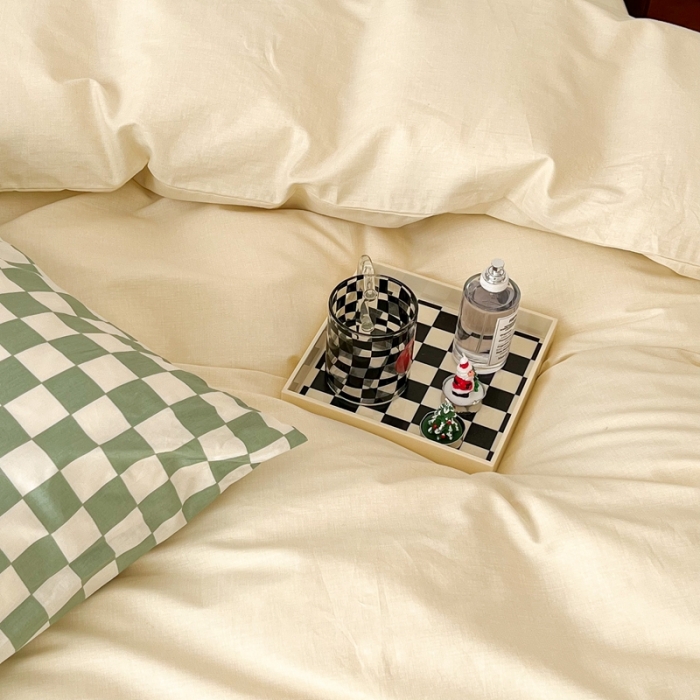 91家纺网 家纺一手货源 找家纺 昔可2022新款混搭纯色棋盘格套件四件套 奶白绿棋盘