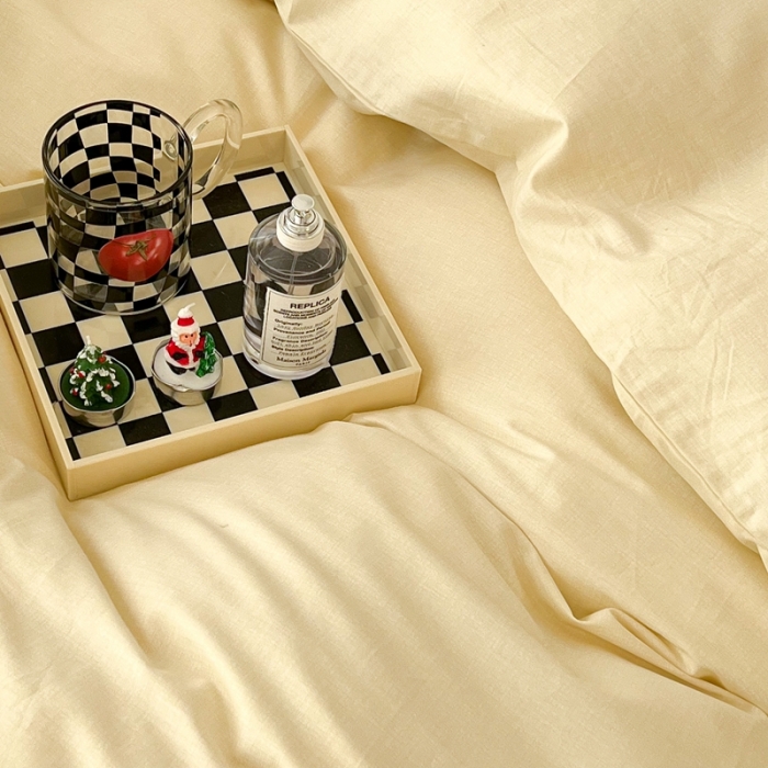 91家纺网 家纺一手货源 找家纺 昔可2022新款混搭纯色棋盘格套件四件套 奶白绿棋盘