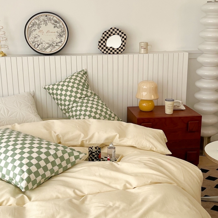 91家纺网 家纺一手货源 找家纺 昔可2022新款混搭纯色棋盘格套件四件套 奶白绿棋盘