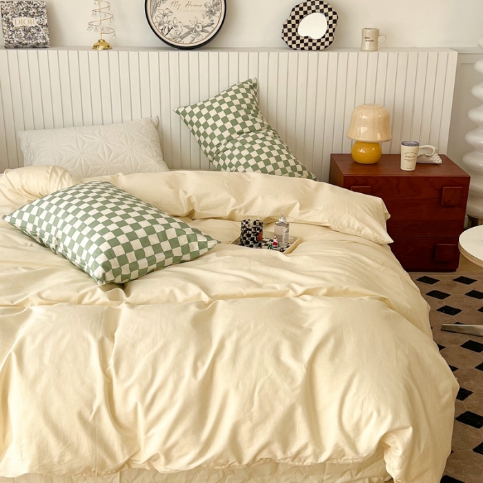 91家纺网 家纺一手货源 找家纺 昔可2022新款混搭纯色棋盘格套件四件套 奶白绿棋盘