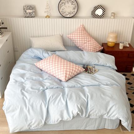 91家纺网 家纺一手货源 找家纺 昔可2022新款混搭纯色棋盘格套件四件套 奶蓝粉棋盘