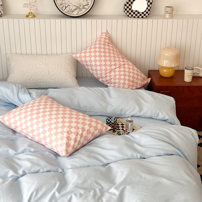 91家纺网 家纺一手货源 找家纺 昔可2022新款混搭纯色棋盘格套件四件套 奶蓝粉棋盘