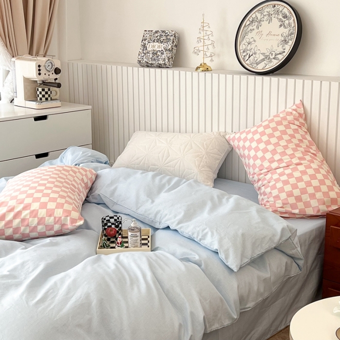 91家纺网 家纺一手货源 找家纺 昔可2022新款混搭纯色棋盘格套件四件套 奶蓝粉棋盘