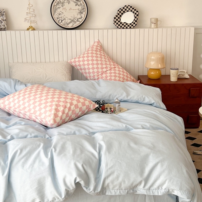 91家纺网 家纺一手货源 找家纺 昔可2022新款混搭纯色棋盘格套件四件套 奶蓝粉棋盘