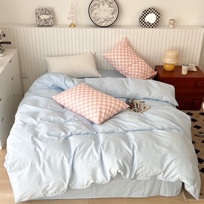 91家纺网 家纺一手货源 找家纺 昔可2022新款混搭纯色棋盘格套件四件套 奶蓝粉棋盘