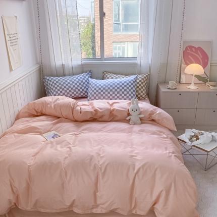 91家纺网 家纺一手货源 找家纺 昔可2022新款混搭纯色棋盘格套件四件套 粉玉蓝棋盘