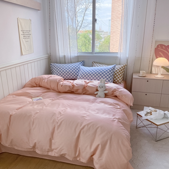 91家纺网 家纺一手货源 找家纺 昔可2022新款混搭纯色棋盘格套件四件套 粉玉蓝棋盘