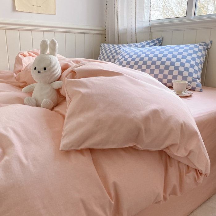 91家纺网 家纺一手货源 找家纺 昔可2022新款混搭纯色棋盘格套件四件套 粉玉蓝棋盘