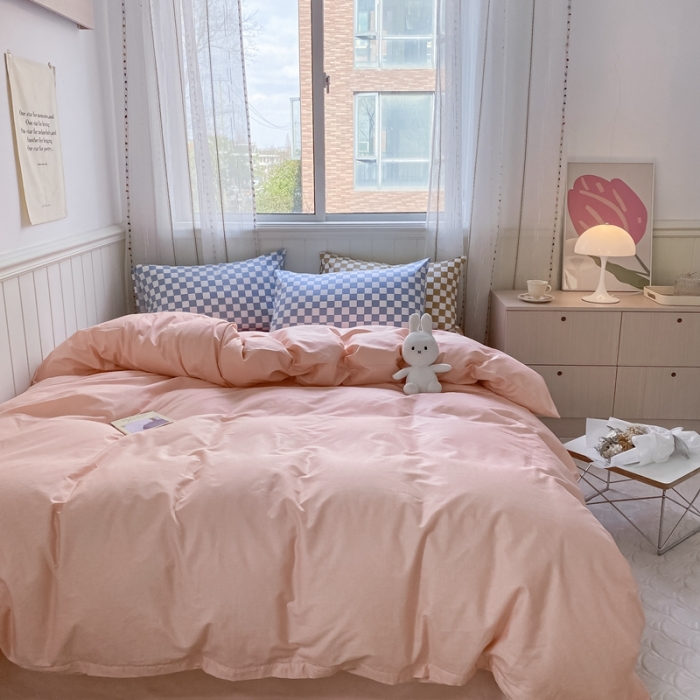 91家纺网 家纺一手货源 找家纺 昔可2022新款混搭纯色棋盘格套件四件套 粉玉蓝棋盘