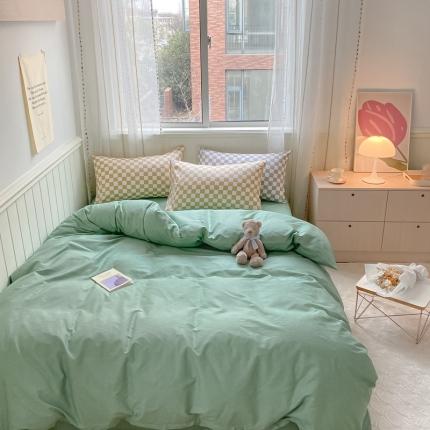 91家纺网 家纺一手货源 找家纺 昔可2022新款混搭纯色棋盘格套件四件套 果绿黄棋盘