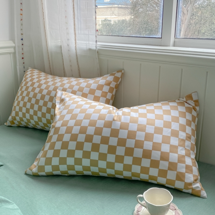 91家纺网 家纺一手货源 找家纺 昔可2022新款混搭纯色棋盘格套件四件套 果绿黄棋盘