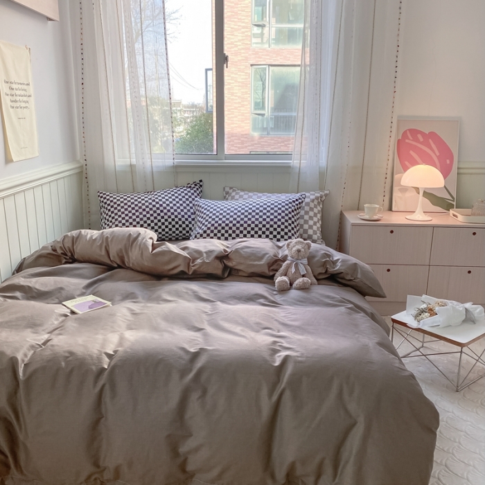 91家纺网 家纺一手货源 找家纺 昔可2022新款混搭纯色棋盘格套件四件套 咖棕黑棋盘