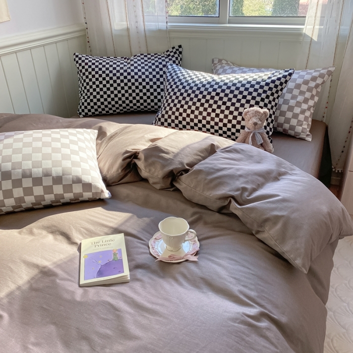 91家纺网 家纺一手货源 找家纺 昔可2022新款混搭纯色棋盘格套件四件套 咖棕黑棋盘