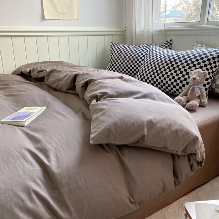 91家纺网 家纺一手货源 找家纺 昔可2022新款混搭纯色棋盘格套件四件套 咖棕黑棋盘