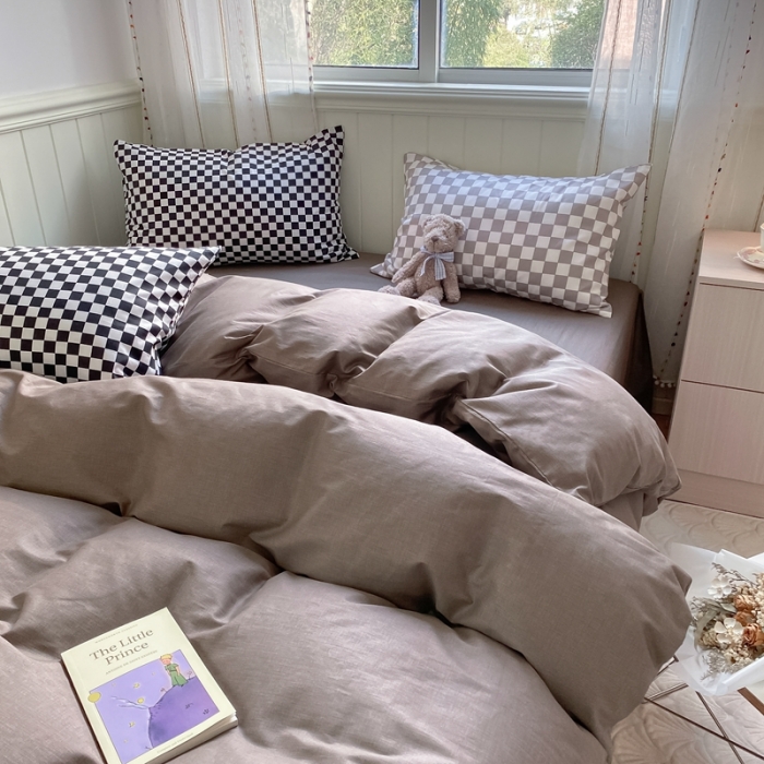 91家纺网 家纺一手货源 找家纺 昔可2022新款混搭纯色棋盘格套件四件套 咖棕黑棋盘