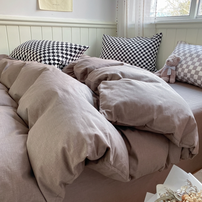 91家纺网 家纺一手货源 找家纺 昔可2022新款混搭纯色棋盘格套件四件套 咖棕黑棋盘