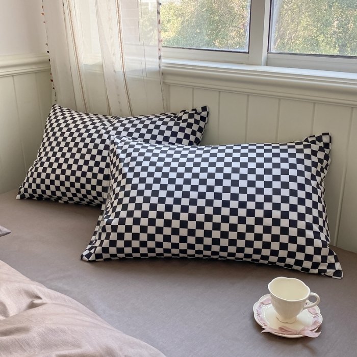 91家纺网 家纺一手货源 找家纺 昔可2022新款混搭纯色棋盘格套件四件套 咖棕黑棋盘