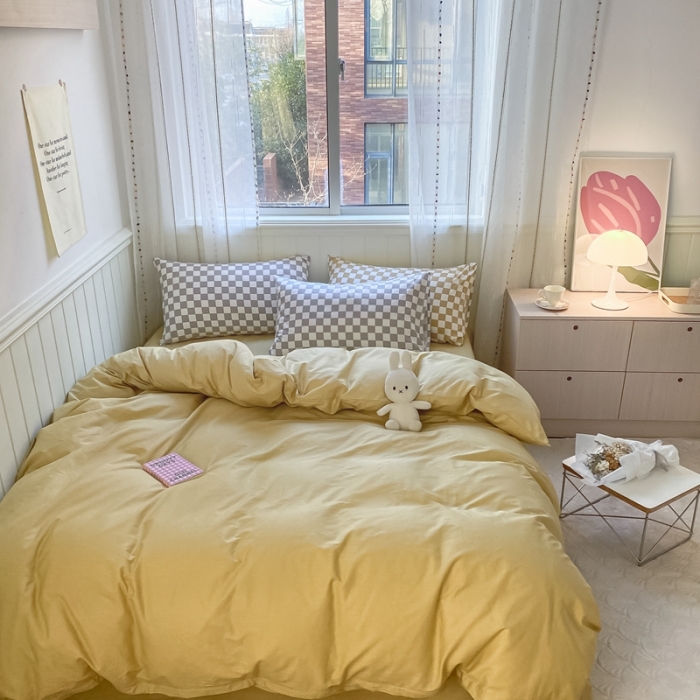 91家纺网 家纺一手货源 找家纺 昔可2022新款混搭纯色棋盘格套件四件套 芒果黄驼棋盘