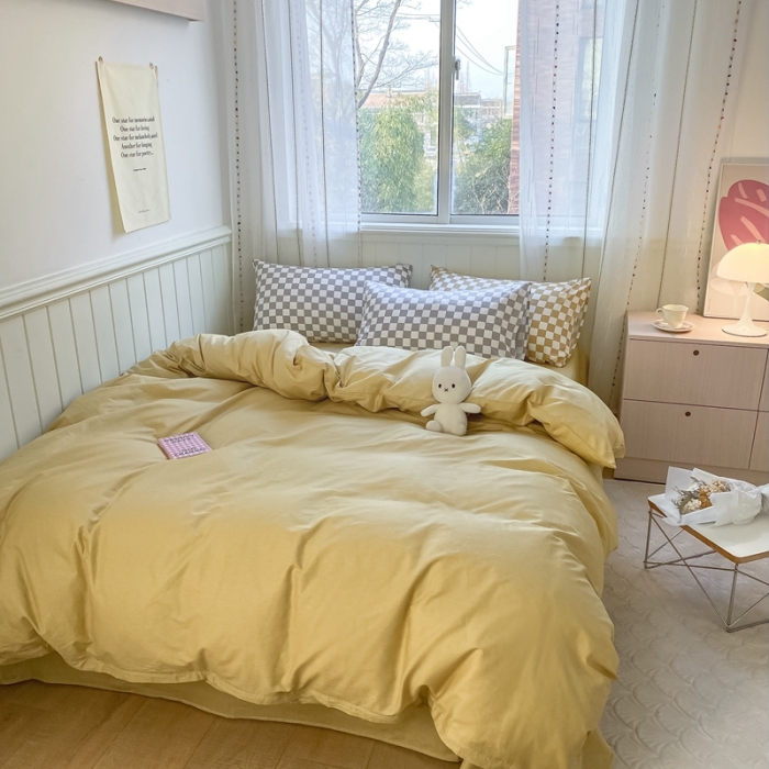 91家纺网 家纺一手货源 找家纺 昔可2022新款混搭纯色棋盘格套件四件套 芒果黄驼棋盘