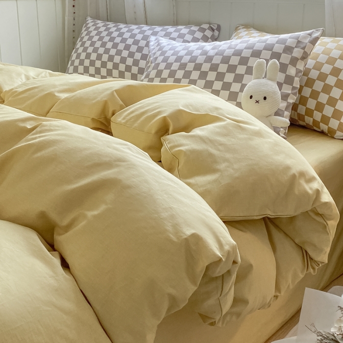 91家纺网 家纺一手货源 找家纺 昔可2022新款混搭纯色棋盘格套件四件套 芒果黄驼棋盘
