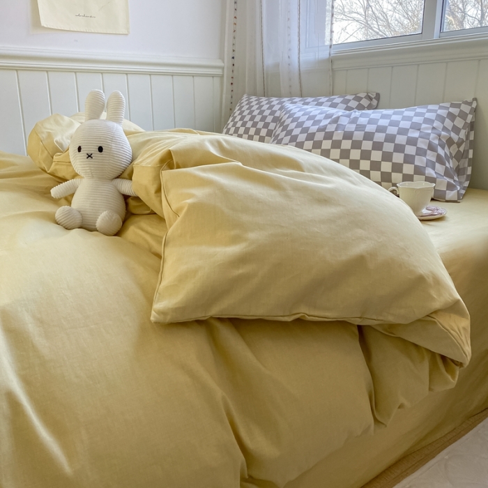 91家纺网 家纺一手货源 找家纺 昔可2022新款混搭纯色棋盘格套件四件套 芒果黄驼棋盘
