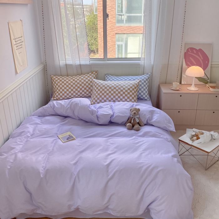 91家纺网 家纺一手货源 找家纺 昔可2022新款混搭纯色棋盘格套件四件套 梦幻紫黄棋盘