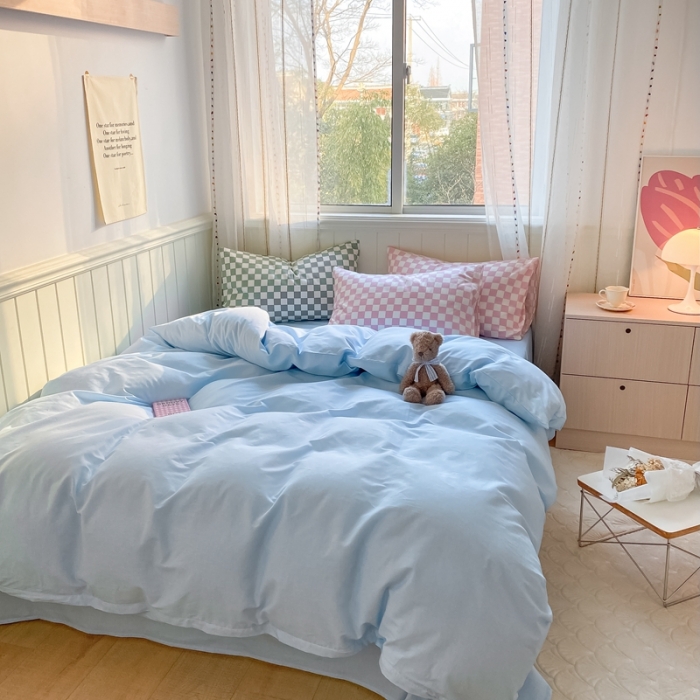 91家纺网 家纺一手货源 找家纺 昔可2022新款混搭纯色棋盘格套件四件套 奶蓝粉棋盘