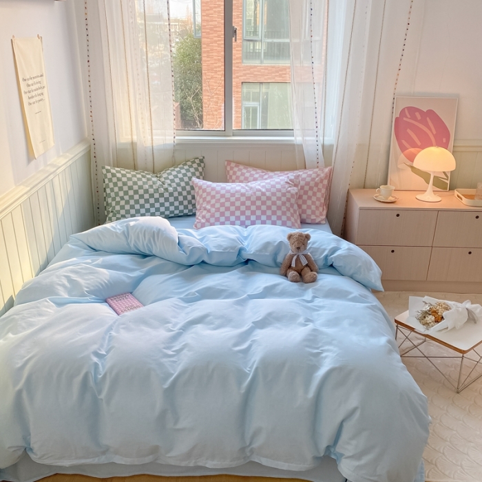 91家纺网 家纺一手货源 找家纺 昔可2022新款混搭纯色棋盘格套件四件套 奶蓝粉棋盘