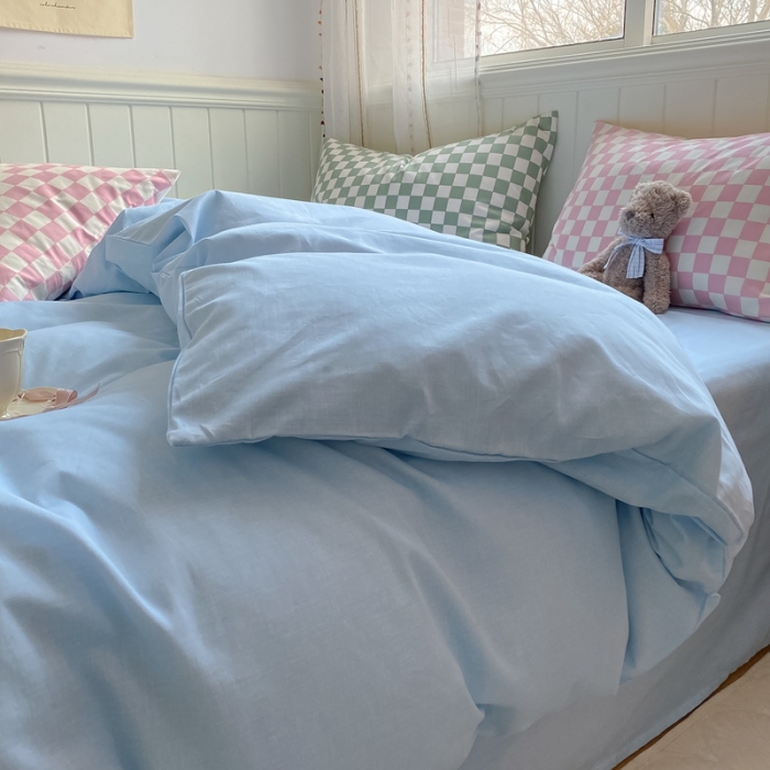 91家纺网 家纺一手货源 找家纺 昔可2022新款混搭纯色棋盘格套件四件套 奶蓝粉棋盘