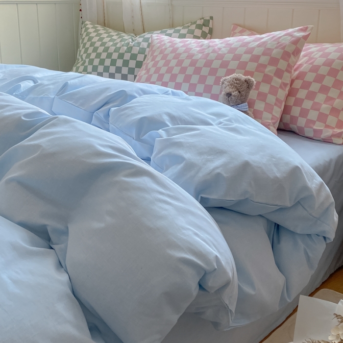 91家纺网 家纺一手货源 找家纺 昔可2022新款混搭纯色棋盘格套件四件套 奶蓝粉棋盘