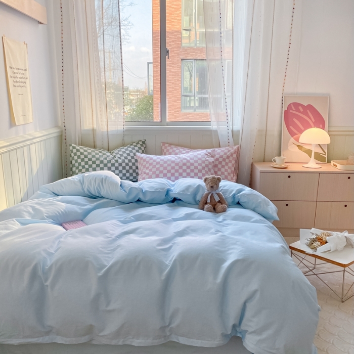 91家纺网 家纺一手货源 找家纺 昔可2022新款混搭纯色棋盘格套件四件套 奶蓝粉棋盘