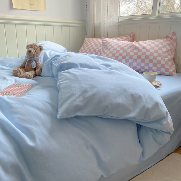 91家纺网 家纺一手货源 找家纺 昔可2022新款混搭纯色棋盘格套件四件套 奶蓝粉棋盘